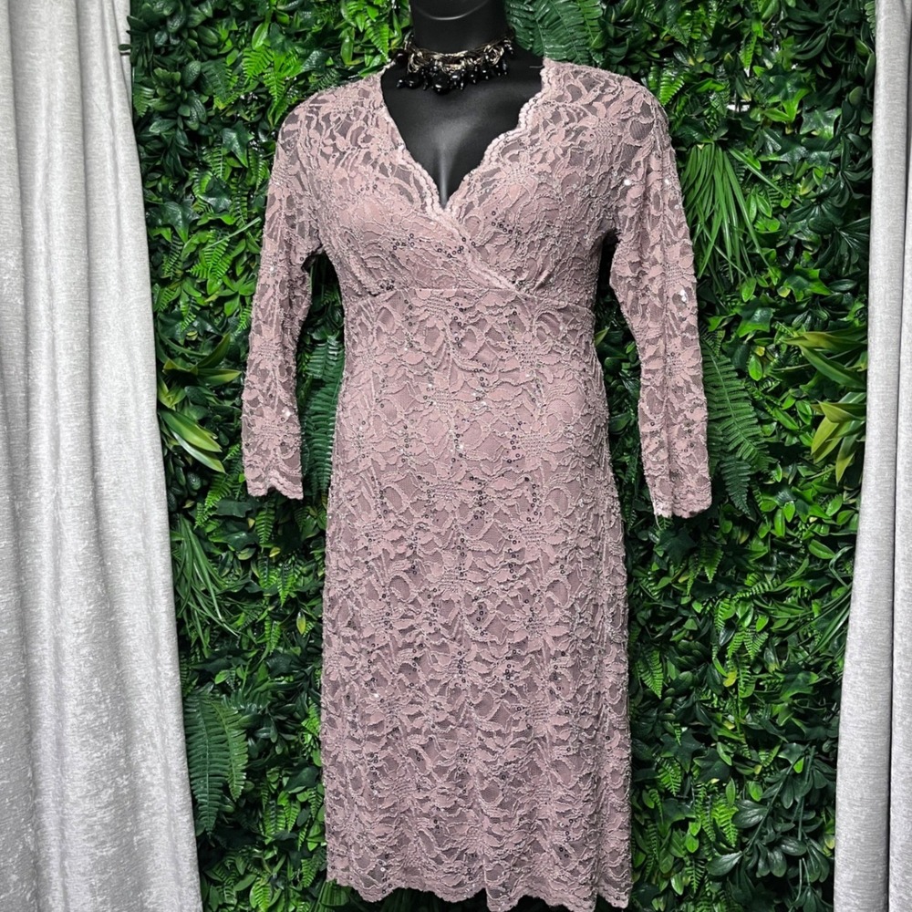 Marina Dress Size 12 Tan Sequin Floral Lace V-Neck Sheath 3/4 Sleeve 4191